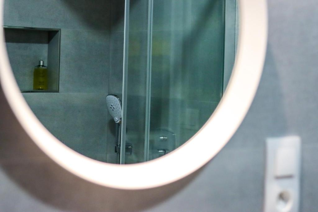 a mirror in a bathroom with a shower stall at Apartmány Mikulovské zahrady in Mikulov