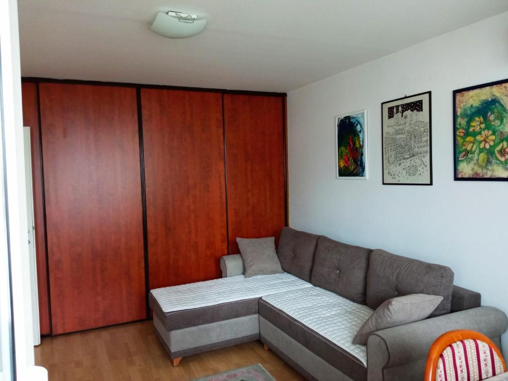 ein Wohnzimmer mit einem Sofa und Holzschränken in der Unterkunft Apartman Viktor Sarajevo in Sarajevo