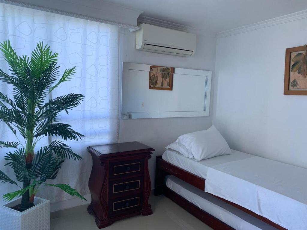 Un dormitorio con una cama y una planta. en Apartamento piso 15 Acostica, en Cartagena de Indias