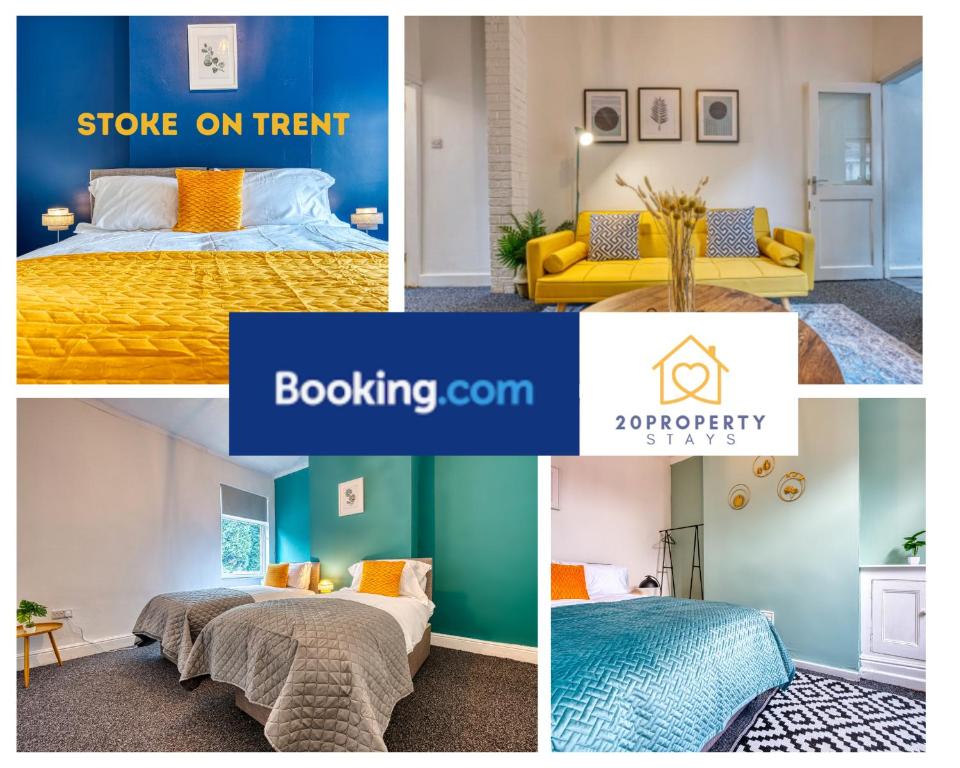 a collage of different pictures of a bedroom at Comfy Contractor Stay in Stoke - Free Parking in Stoke on Trent