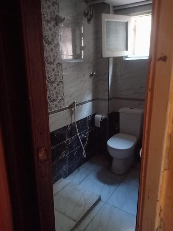 ein kleines Bad mit einem WC und einem Fenster in der Unterkunft شقه الفردوس in Dumyat al Jadidah