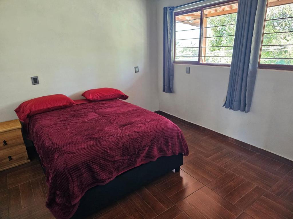 um quarto com uma cama com um edredão vermelho e 2 janelas em Departamento em San Miguel
