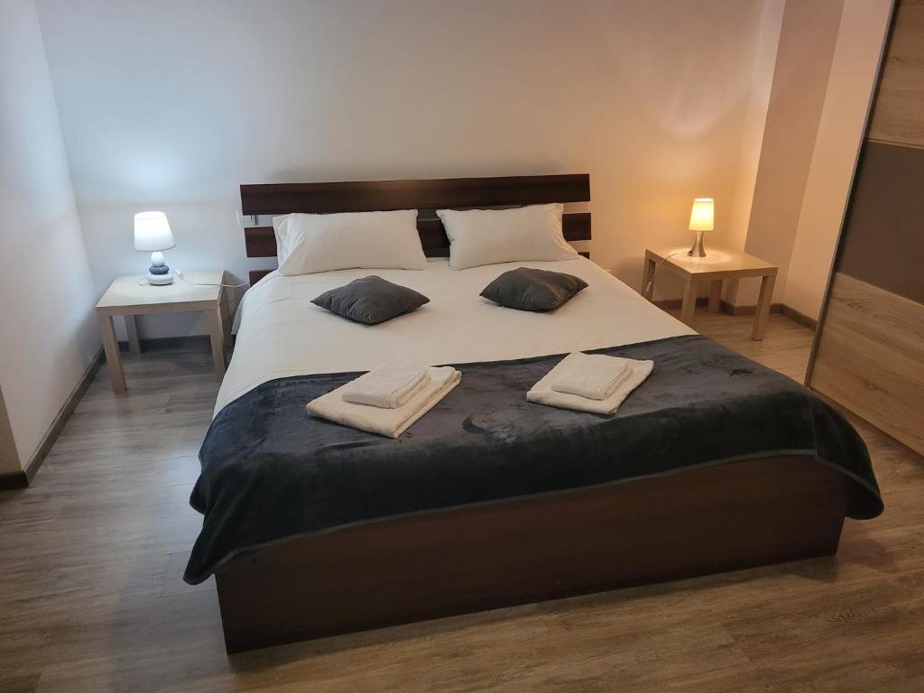 ein Schlafzimmer mit einem großen Bett mit zwei Kissen in der Unterkunft Au Moulin Du Pont in Samognat