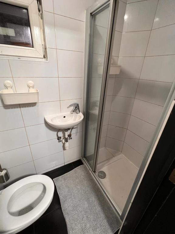 een badkamer met een douche, een toilet en een wastafel bij Au cœur de Bruxelles in Brussel