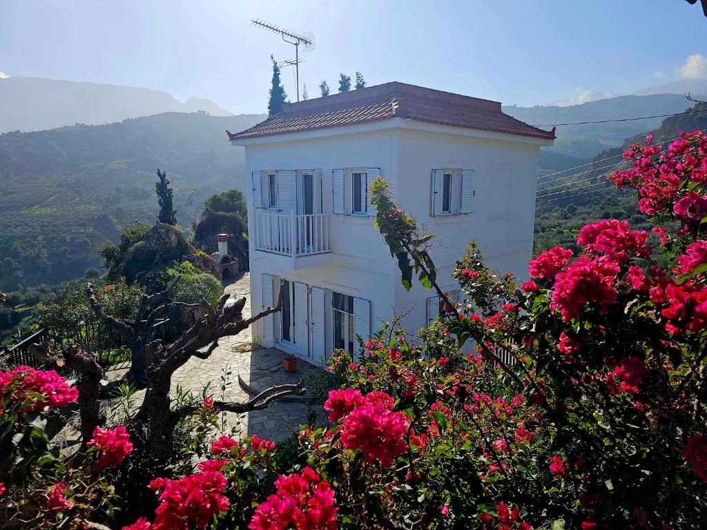 une maison blanche sur une colline avec des fleurs roses dans l'établissement Peloponnese Hideout - White house with the sea view, à Akrata