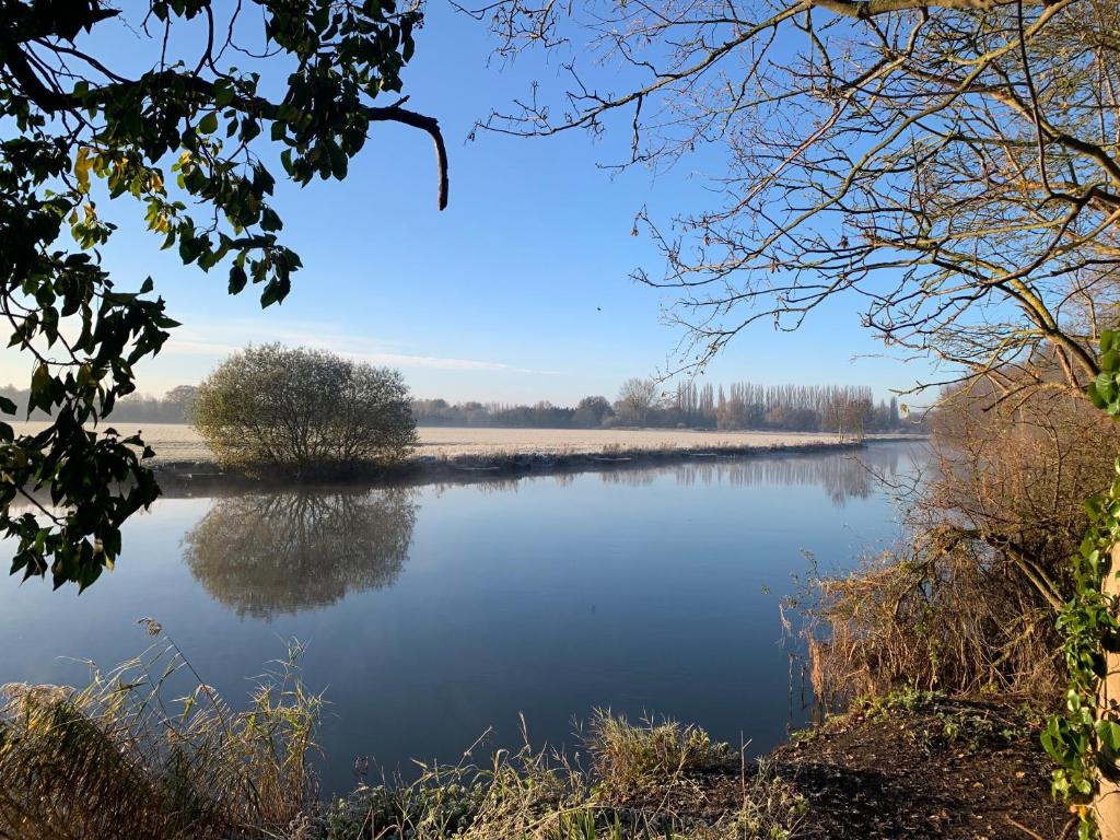 a view of a lake with trees in the distance at Comfy, cozy house with disabled access in St. Ives