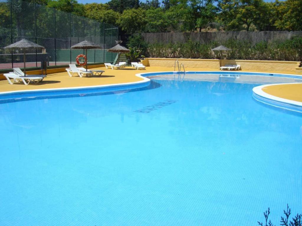une grande piscine bleue avec des chaises et des parasols dans l'établissement Ipanema Costa - Islantilla, à Islantilla