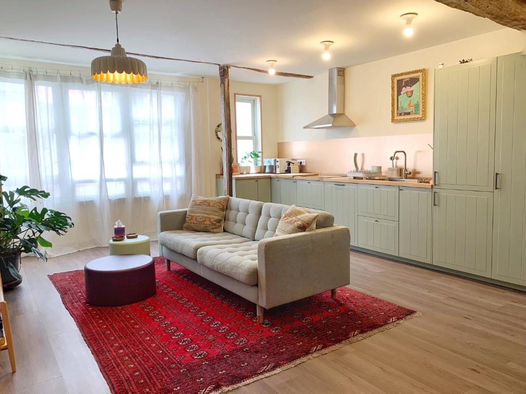 sala de estar con sofá y alfombra roja en Charming flat in historic centre by Santa Maria, en Bermeo