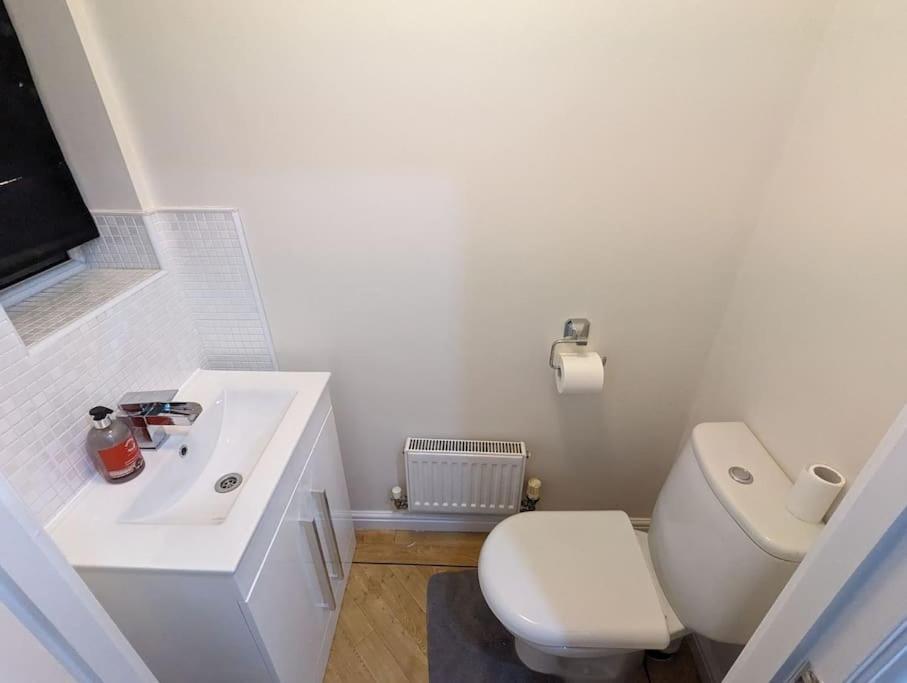 a bathroom with a white toilet and a sink at Greatmindz abode in Kingshurst