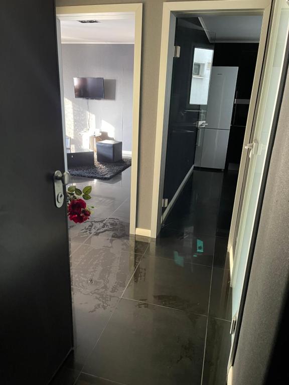 una puerta abierta a una cocina con suelo de agua en Black Apartament nr1, en Bucarest