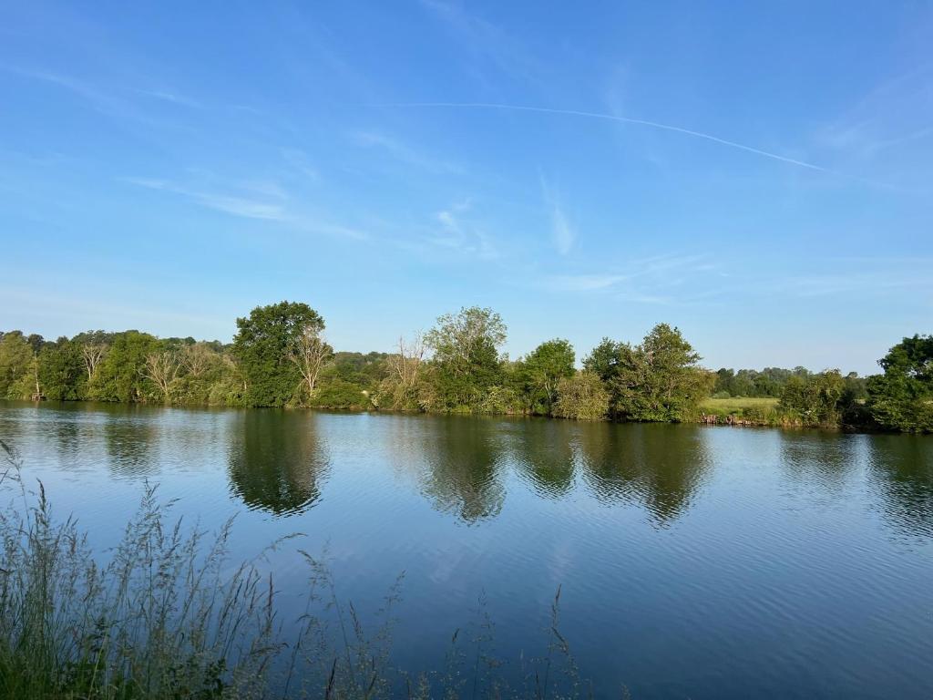 einem großen See mit Bäumen in der Ferne in der Unterkunft Le Chalet « au Fil de l’eau » 