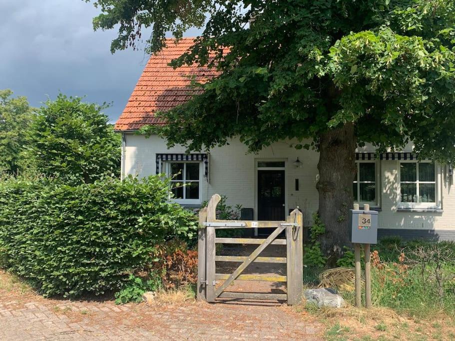 ein weißes Haus mit einem Tor und einem Baum in der Unterkunft Sfeervol Voorhuis in Bladel