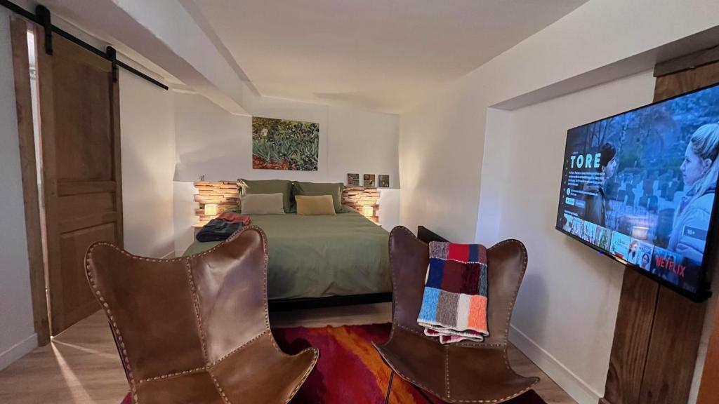 a bedroom with a bed and a flat screen tv at LE MOULIN DE NAVETTE - La Meule in Aigueblanche