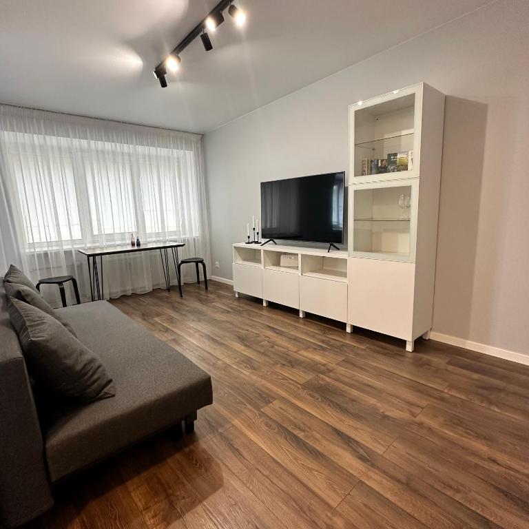 a living room with a couch and a flat screen tv at Cozy Apartment Kazlų Rūda in Kazlų Rūda