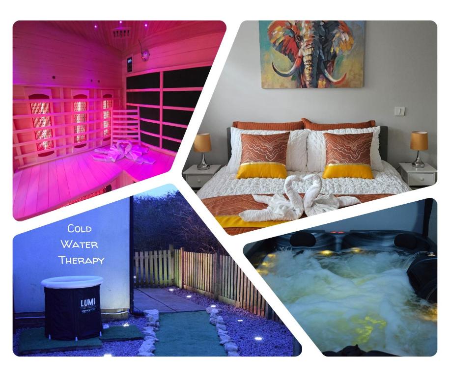a collage of four pictures of a room with a hot tub at Spa Serviced Apartments LUNA R&R 