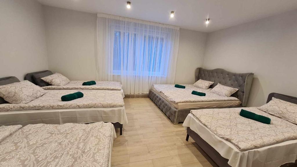 a room with three beds and a window at Sodyba Azagis in Vilkanastrai