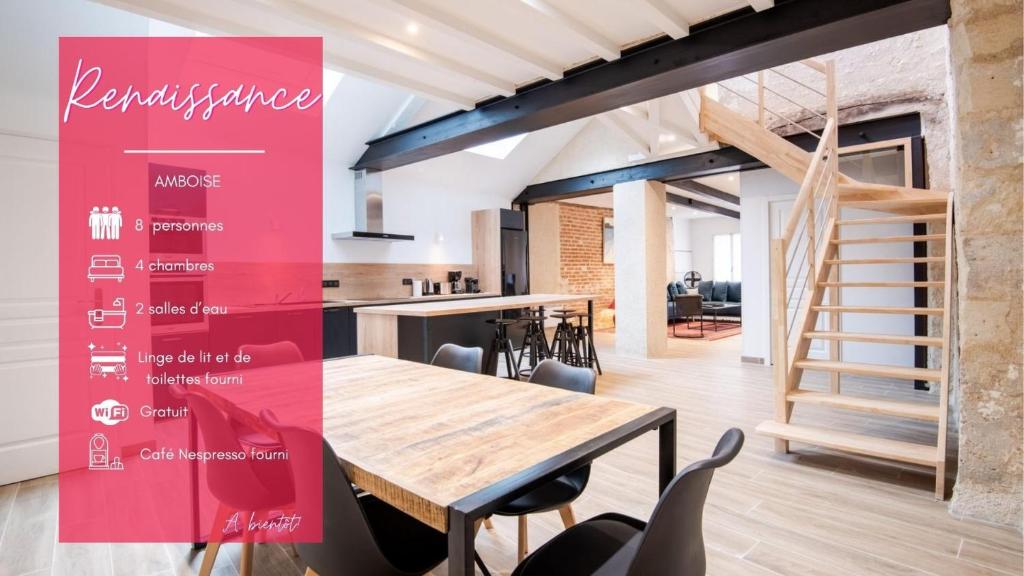 a dining room and kitchen with a table and chairs at La maison Renaissance - Gîte 8prs in Amboise