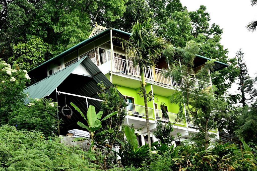 a green and white house in the middle of trees at Nature Dale Munnar in Munnar