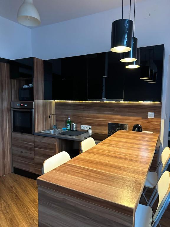 uma cozinha com uma longa mesa de madeira e cadeiras em City Center Apartment em Cracóvia