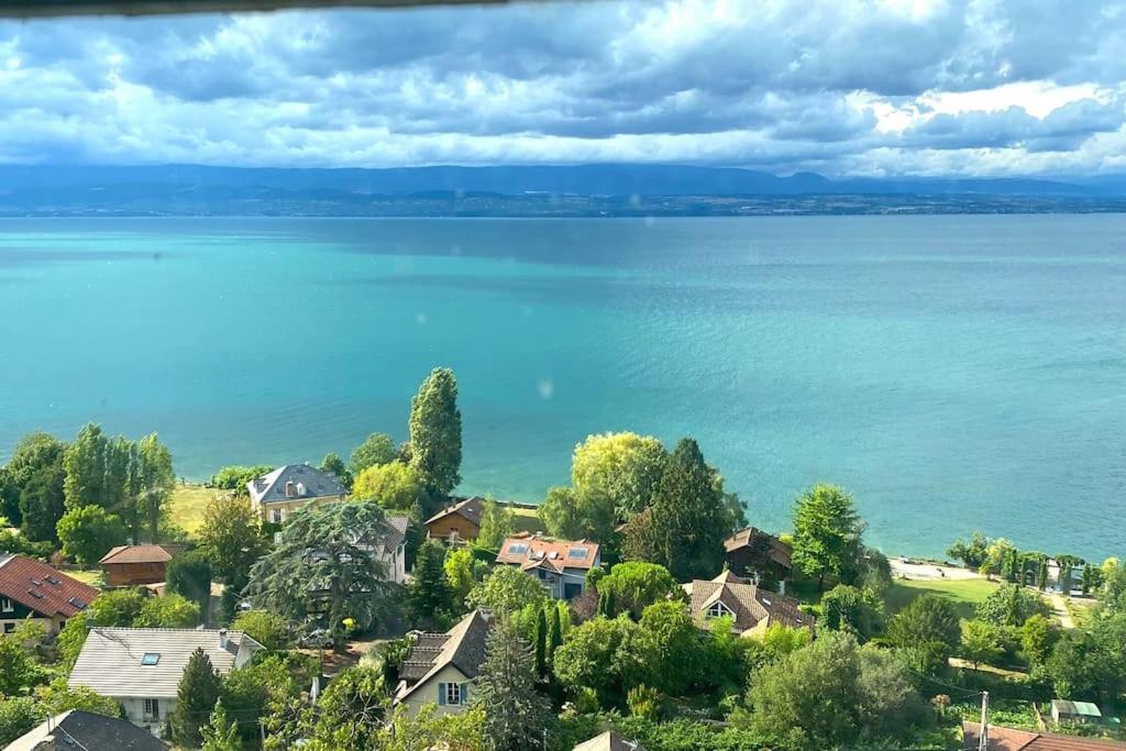 a view of the lake from a house at Appartement avec vue 180 sur le Lac Léman in Thonon-les-Bains