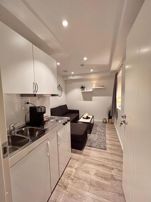 uma cozinha com um lavatório e uma sala de estar em 1 roms leilighet sentralt em Tromsø