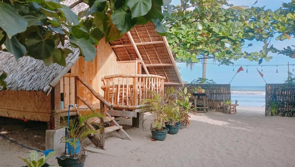 ein Gebäude am Strand mit Pflanzen in Töpfen in der Unterkunft Balai Ko Beach & Cottages in El Nido