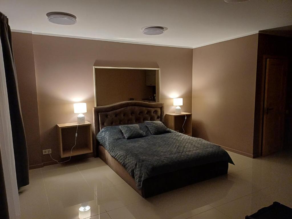 a bedroom with a bed with two night stands and two lamps at Lambertu ielas rezidence in Mārupe