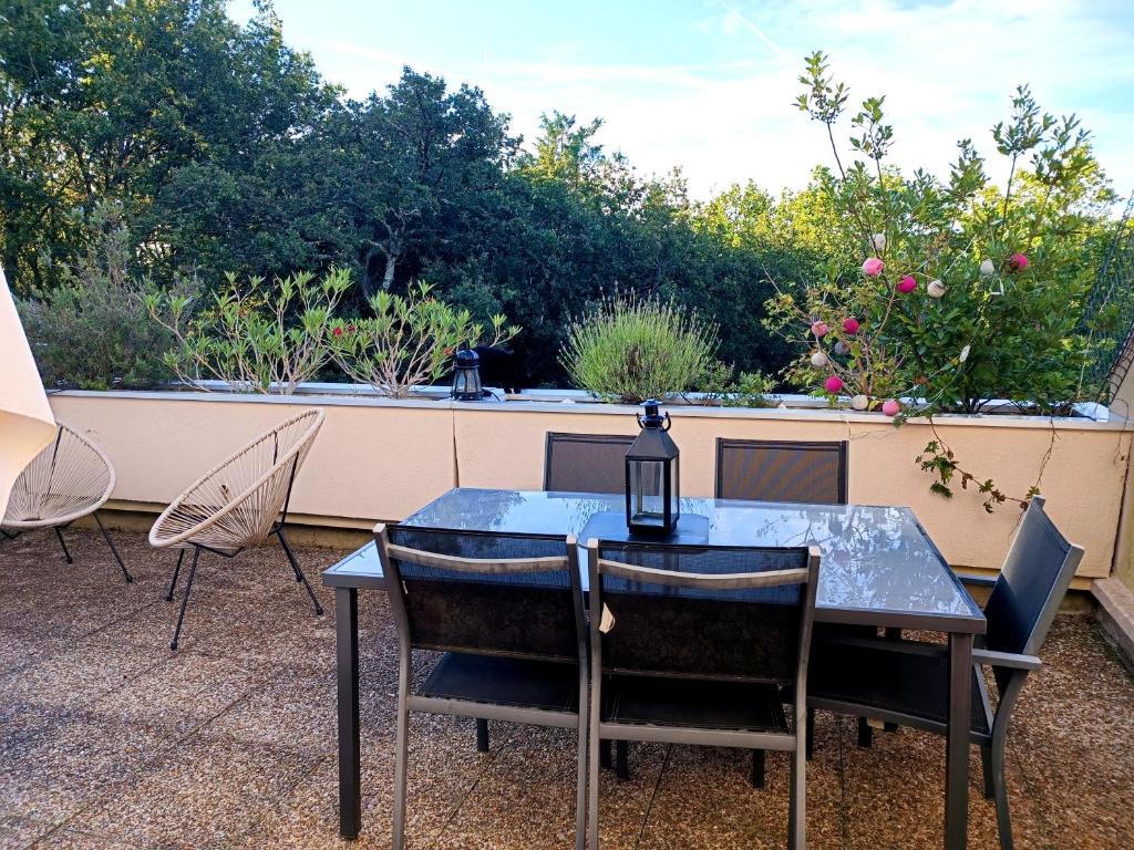 une table et des chaises assises sur une terrasse dans l'établissement La canopée : séjour alliant culture, nature, sport, à Nantes