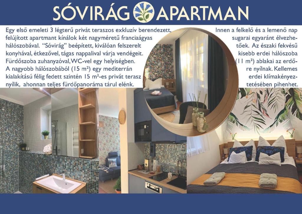 a collage of photos of a bedroom and a mirror at Sóvirág Apartman in Egerszalók