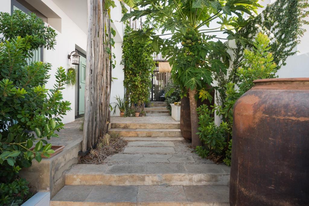 un pasillo de una casa con escaleras y plantas en Altanure - Almatere Food Forest Boutique Hotel en Tavira