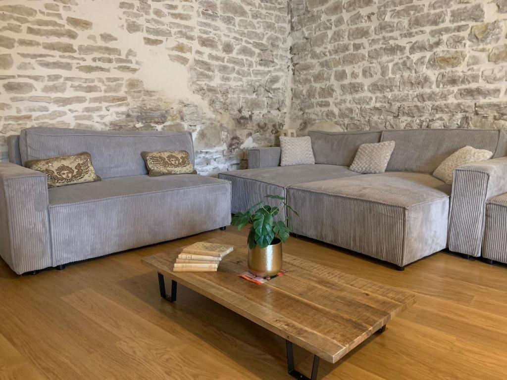a living room with two couches and a coffee table at MAISON AVEC JACUZZI in Bourgoin