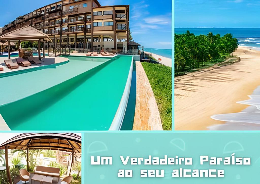 uma colagem de fotografias de um hotel e de uma praia em Barra Bali: Resort Beira Mar em Barra de São Miguel