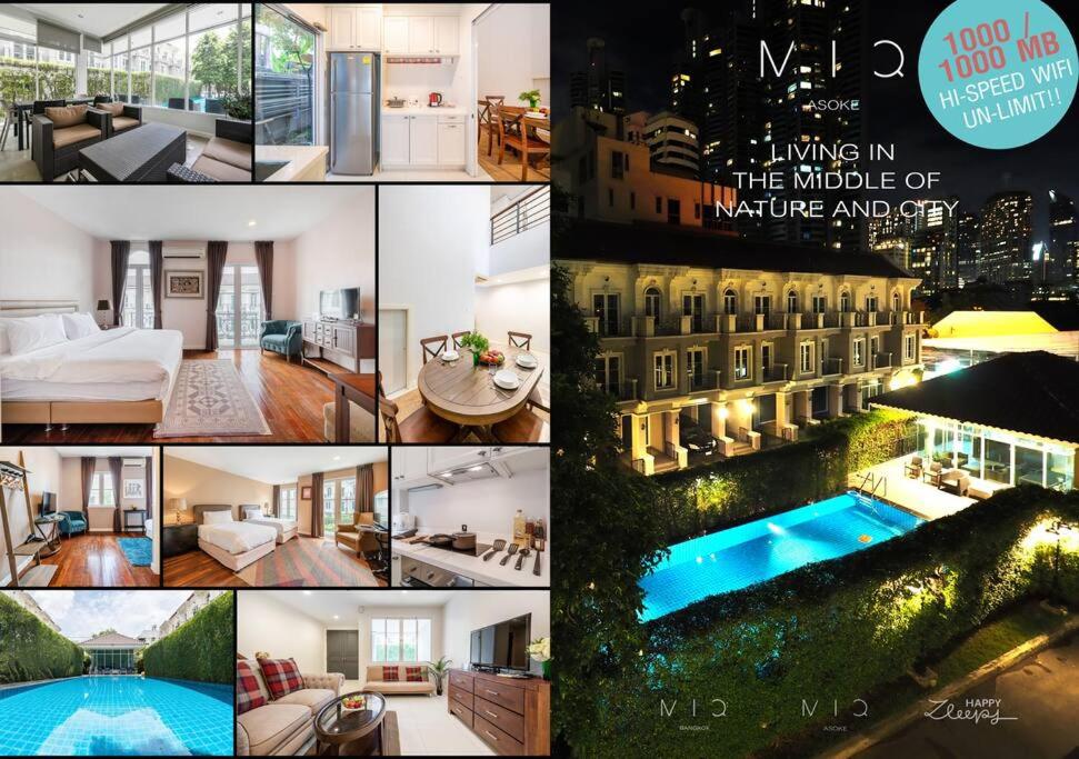 un collage de photos d'un hôtel avec une piscine dans l'établissement MIQ_home403/Asok BTS/Resort Pool/9pax/1000MbWifi, à Klong Toi