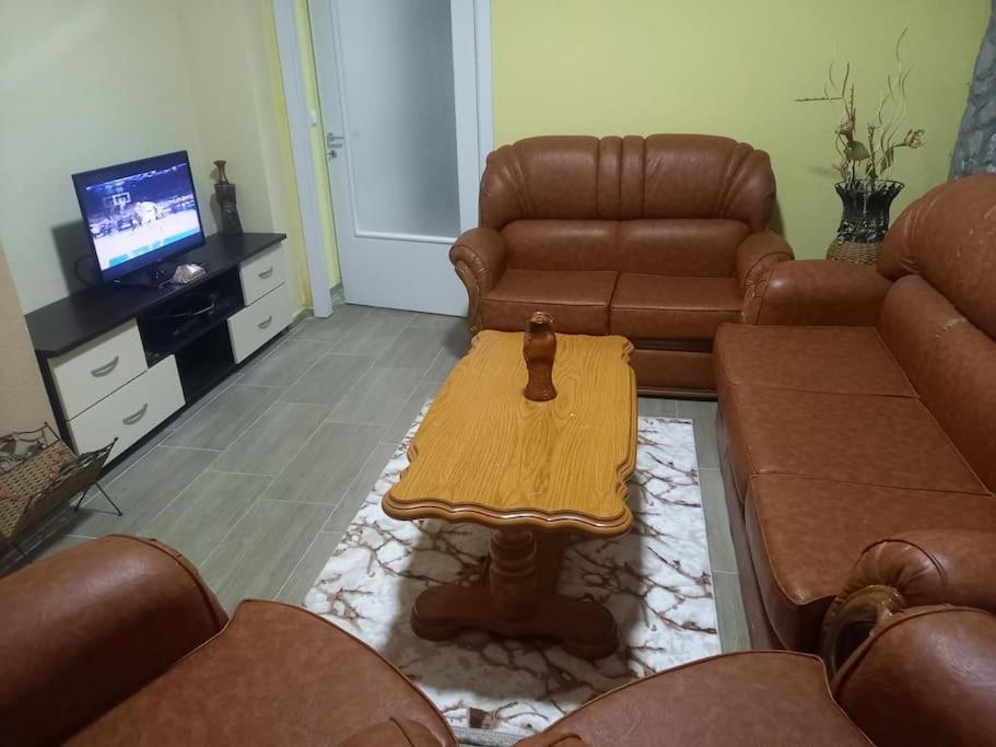 a living room with a couch and a coffee table at Apartment Grazdani in Ohrid