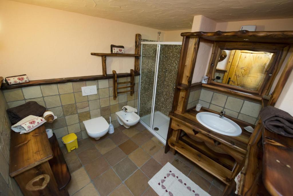 uma casa de banho com um lavatório, um chuveiro e um WC. em Apartment Lo Retsignon em Champoluc