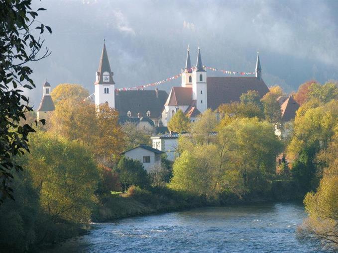 una ciudad con un río frente a un castillo en VILLA BRUNEGG Leoben GÖSS, en Leoben