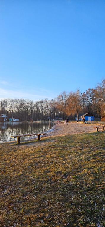 a park with benches and a body of water at Haus am Nymphensee2 in Brieselang