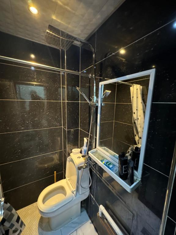a bathroom with a toilet and a mirror at The Great Falcon Accommodation in London