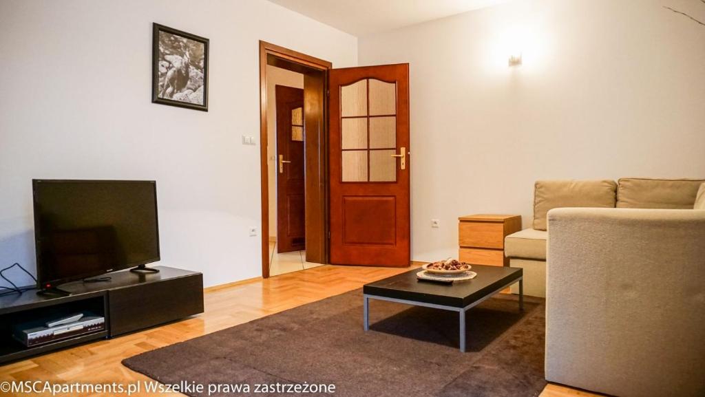 a living room with a couch and a tv at MSC Apartments Zaciszny in Zakopane