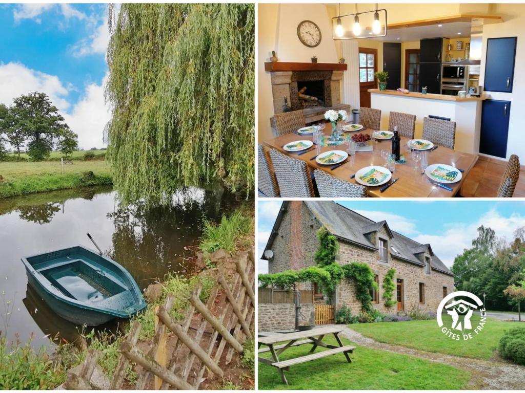 un collage de fotos con una casa y un barco en un río en Gîte Brécé, 5 pièces, 8 personnes - FR-1-600-159, en Brécé