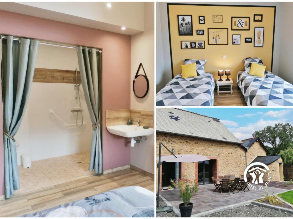 un collage de fotos de un dormitorio y una casa en Gîte Cossé-le-Vivien, 4 pièces, 6 personnes - FR-1-600-124, en Cossé-le-Vivien