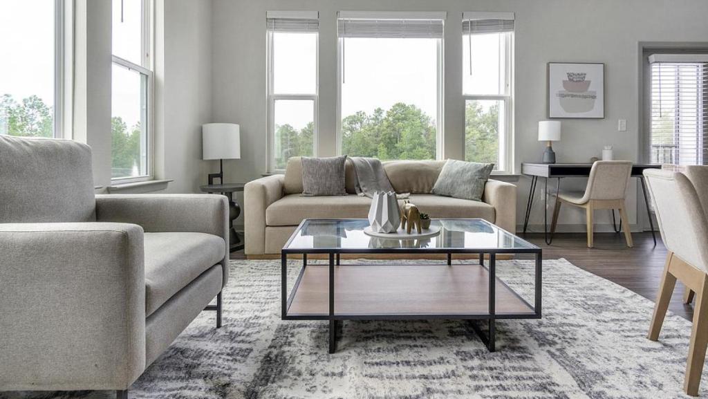 Sala de estar con 2 sofás y mesa de centro en Landing Modern Apartment with Amazing Amenities (ID8935X21), en Middleburg
