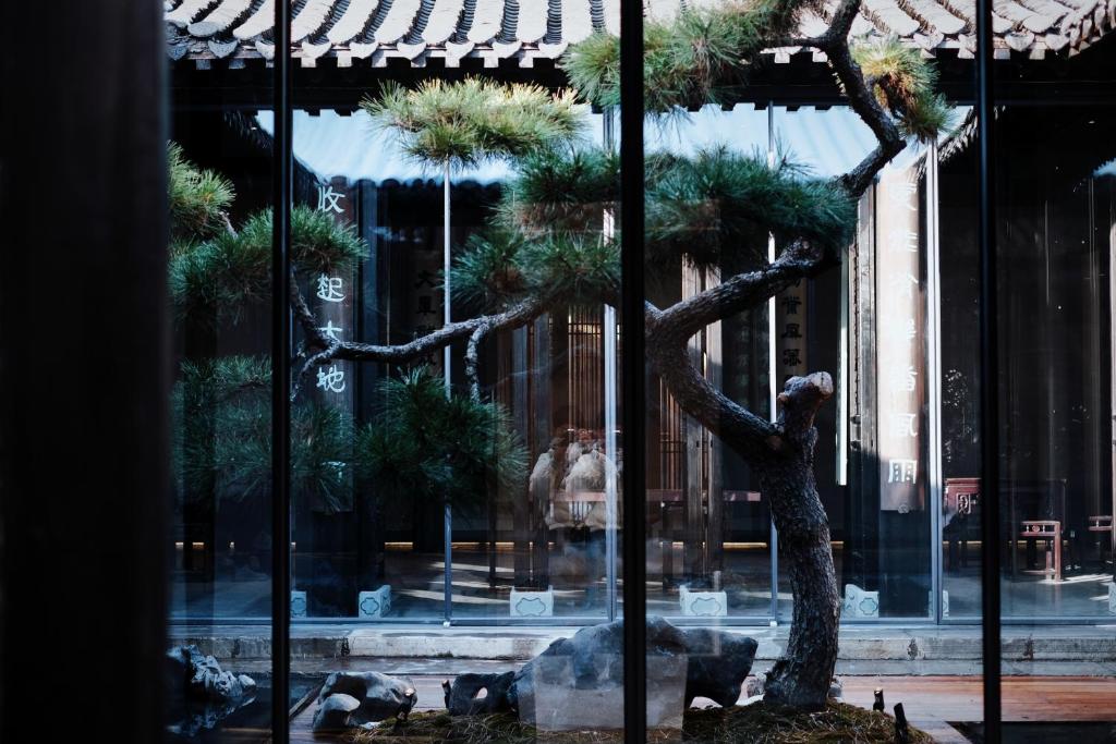 a small pine tree in front of a building at Glaze Garden Hotel in Yangzhou