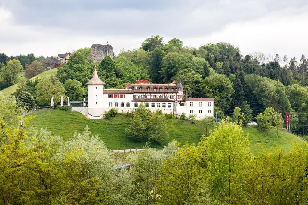 ein großes Gebäude auf einem Hügel mit Bäumen in der Unterkunft Klein Rigi in Schönenberg