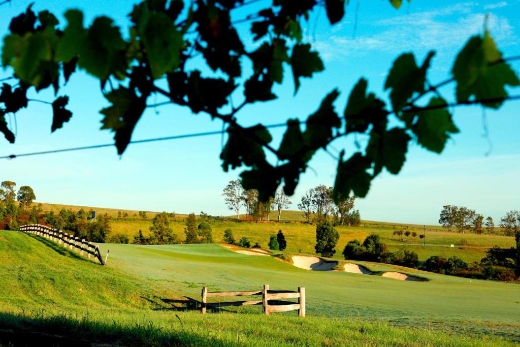 a green field with a fence and a wooden gate at Chateau Elan At The Vintage in Pokolbin