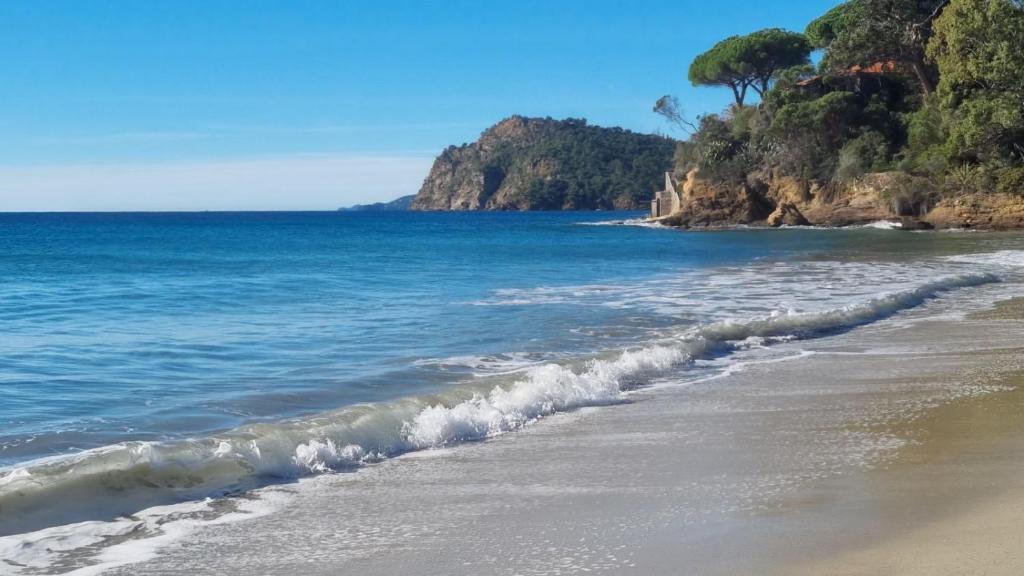 una spiaggia con l'oceano e una costa rocciosa di Maison Les Mimosas a Le Rayol-Canadel-sur-Mer