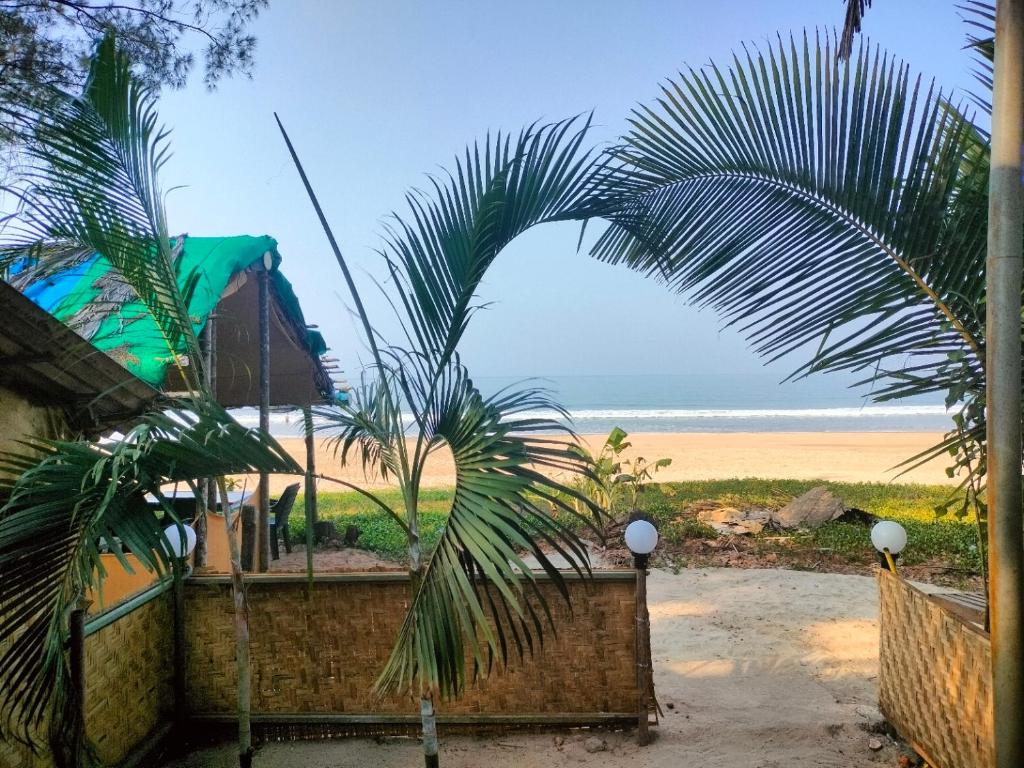 uma vista para a praia a partir de uma casa com palmeiras em Talpona Beach Studios em Magdāl