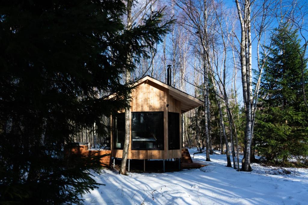 a small cabin in the woods in the snow at Paunküla Nature Resort (forest villa) in Ardu
