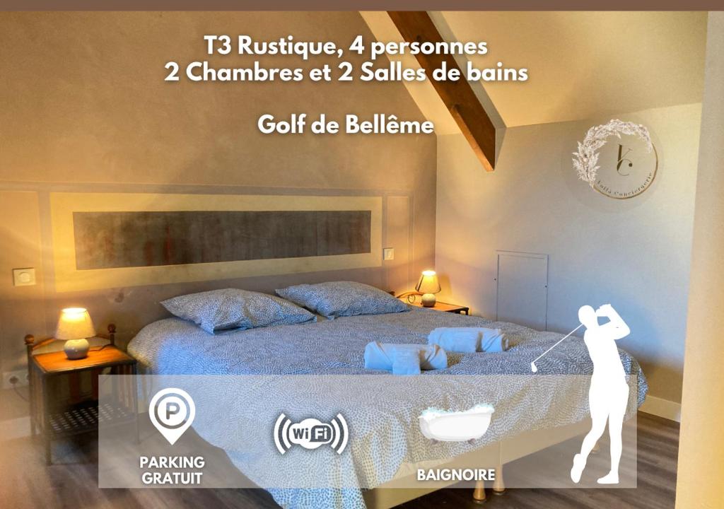 a poster of a bedroom with a bed in a room at La longère T3 - Au Golf de Bellême - Parking - Wifi - 4 Pers in Bellême