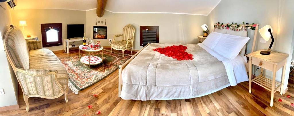 プエニャーゴにあるLa Casa Di Campagna Sul Gardaのベッドルーム1室(赤い花の大きなベッド1台付)